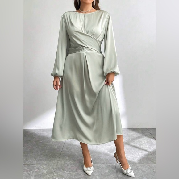 SHEIN Pale Mint Green Long Sleeve Modest Tie Waist Dress Dainty Jewells size 0X - Picture 1 of 6